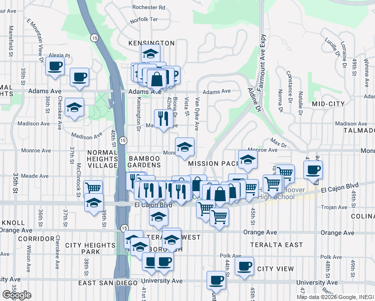 map of restaurants, bars, coffee shops, grocery stores, and more near 4481 Copeland Avenue in San Diego