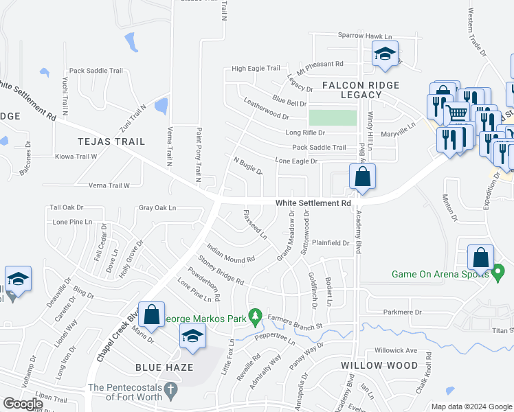 map of restaurants, bars, coffee shops, grocery stores, and more near 10000 Bugle Drive in Fort Worth