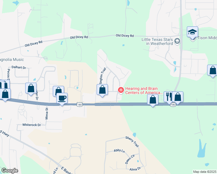 map of restaurants, bars, coffee shops, grocery stores, and more near 1909 Windowmere Trail in Weatherford