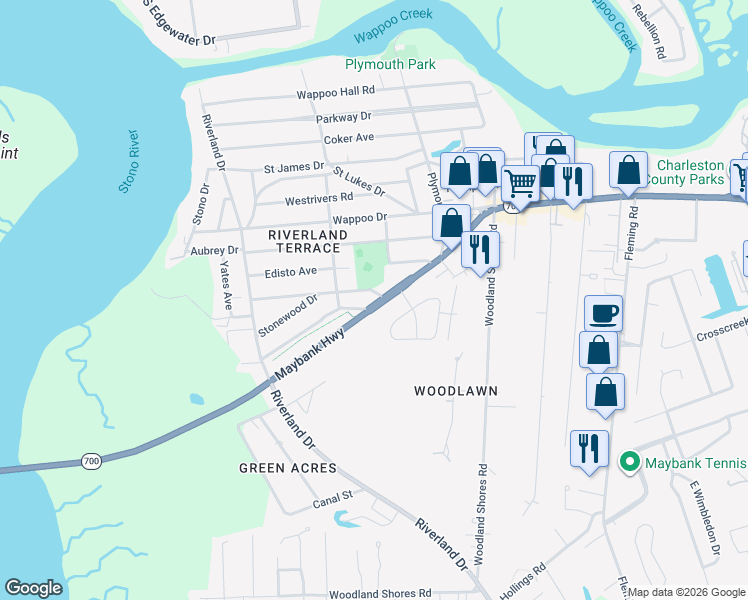 map of restaurants, bars, coffee shops, grocery stores, and more near 2097 Maybank Highway in Charleston
