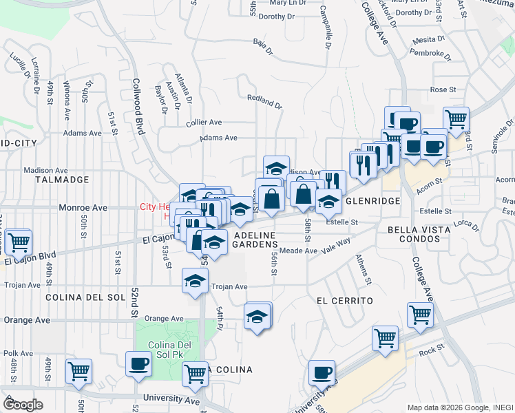 map of restaurants, bars, coffee shops, grocery stores, and more near 5480 El Cajon Boulevard in San Diego