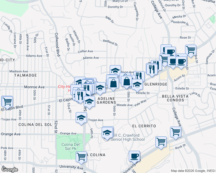 map of restaurants, bars, coffee shops, grocery stores, and more near 5480 El Cajon Boulevard in San Diego