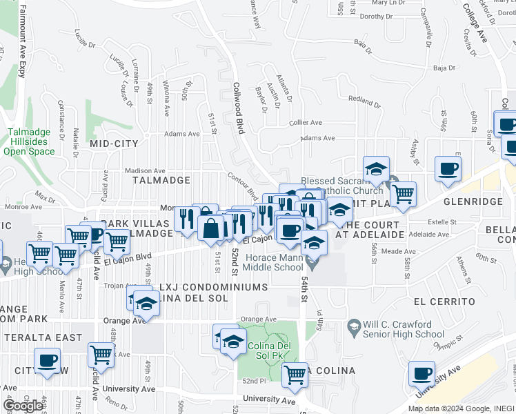 map of restaurants, bars, coffee shops, grocery stores, and more near 5258 Monroe Avenue in San Diego