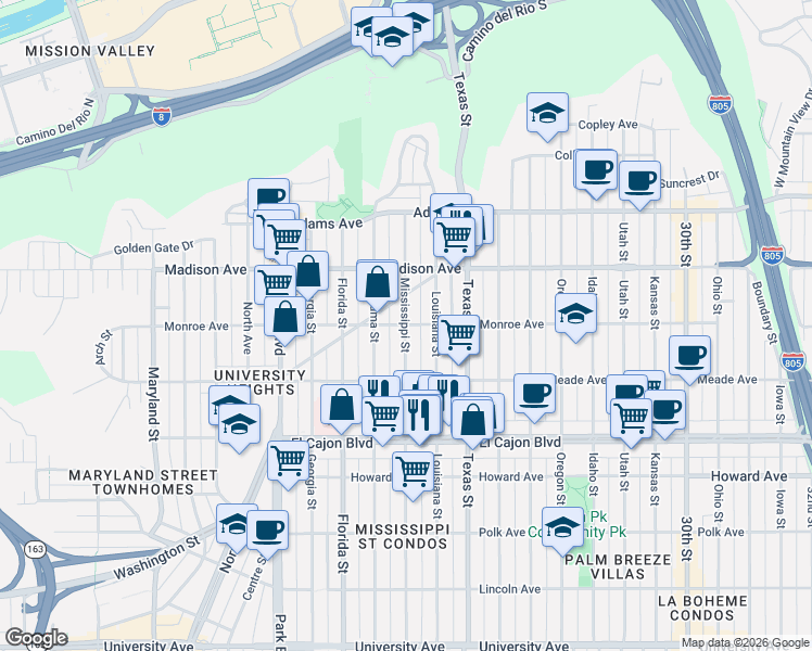 map of restaurants, bars, coffee shops, grocery stores, and more near 4465 Mississippi Street in San Diego