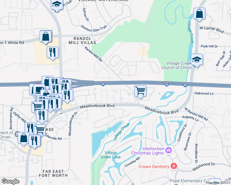 map of restaurants, bars, coffee shops, grocery stores, and more near 1417 Randol Crossing Ln in Fort Worth