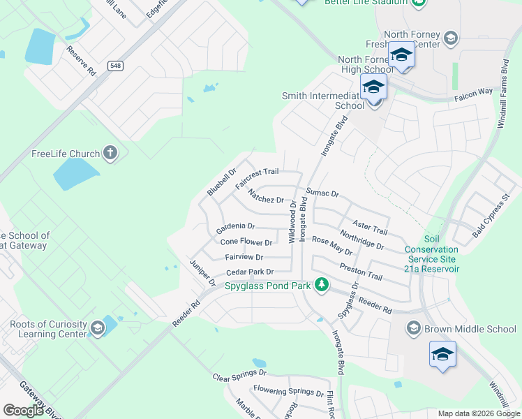 map of restaurants, bars, coffee shops, grocery stores, and more near 2016 Brook Meadow Drive in Forney
