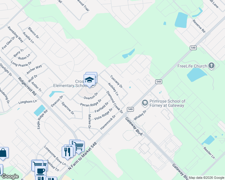 map of restaurants, bars, coffee shops, grocery stores, and more near 534 Diamond Creek Drive in Forney