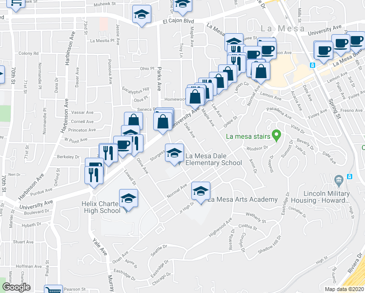 map of restaurants, bars, coffee shops, grocery stores, and more near 4406 Rosebud Lane in La Mesa