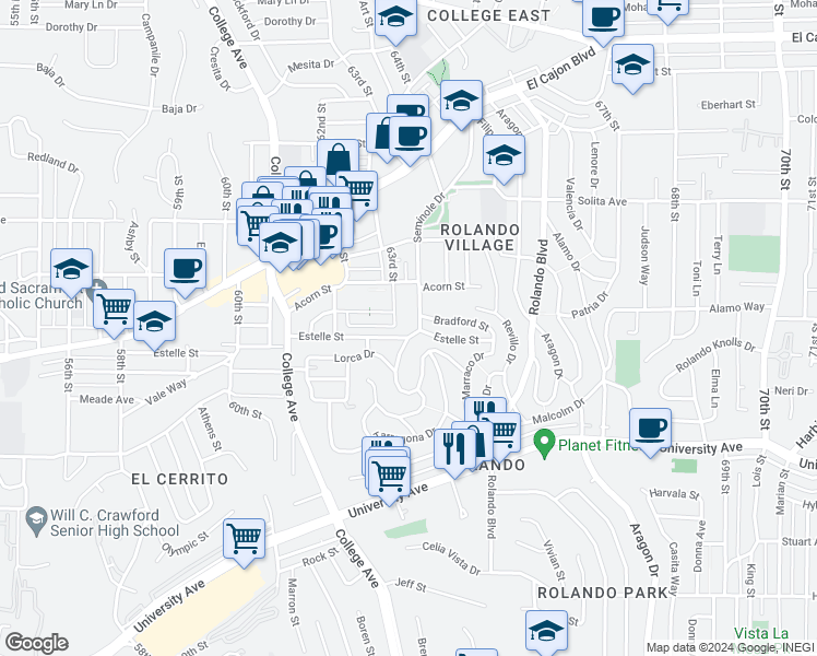 map of restaurants, bars, coffee shops, grocery stores, and more near 4435 Arendo Drive in San Diego