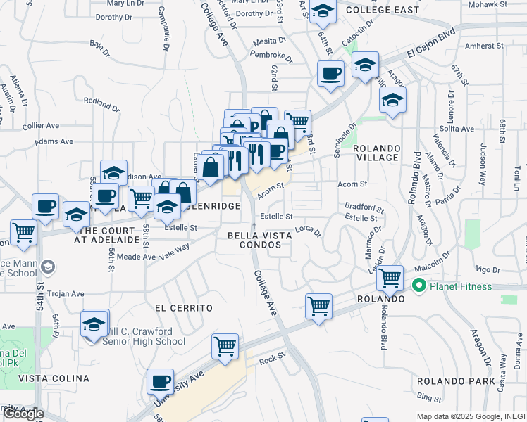 map of restaurants, bars, coffee shops, grocery stores, and more near 4515 College Avenue in San Diego