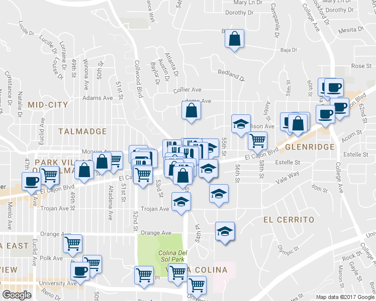 map of restaurants, bars, coffee shops, grocery stores, and more near in San Diego