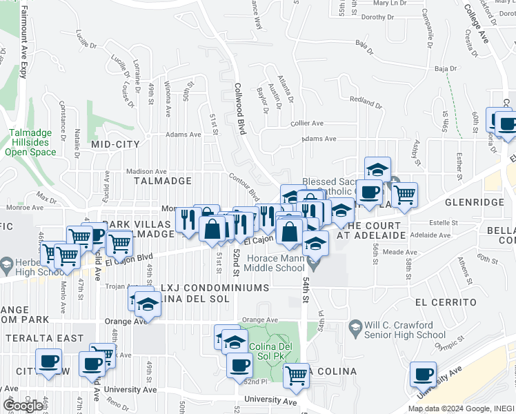 map of restaurants, bars, coffee shops, grocery stores, and more near 4463 Dawson Avenue in San Diego