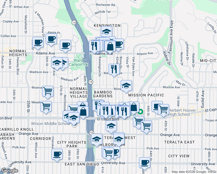 map of restaurants, bars, coffee shops, grocery stores, and more near 4476 Marlborough Avenue in San Diego
