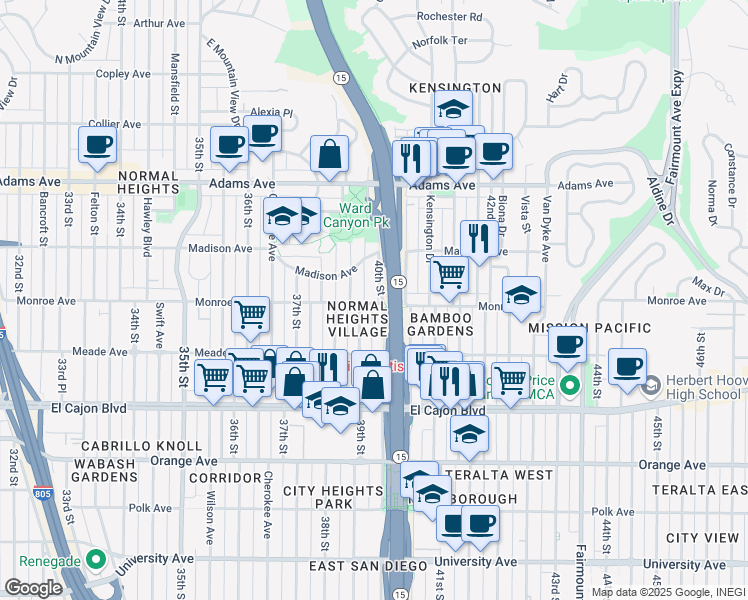 map of restaurants, bars, coffee shops, grocery stores, and more near 4478 40th Street in San Diego