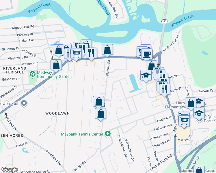 map of restaurants, bars, coffee shops, grocery stores, and more near 323 Fleming Road in Charleston