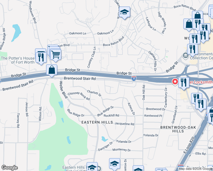 map of restaurants, bars, coffee shops, grocery stores, and more near 1464 Creekview Court in Fort Worth