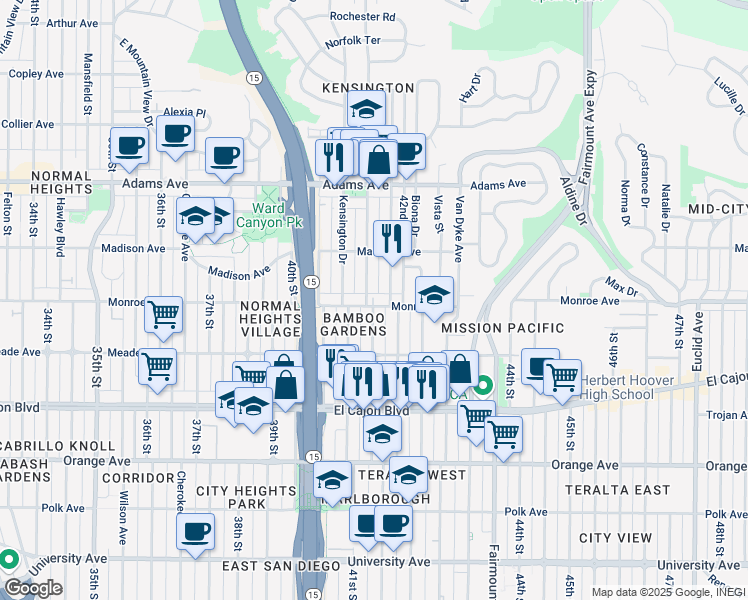 map of restaurants, bars, coffee shops, grocery stores, and more near 4476 Marlborough Avenue in San Diego