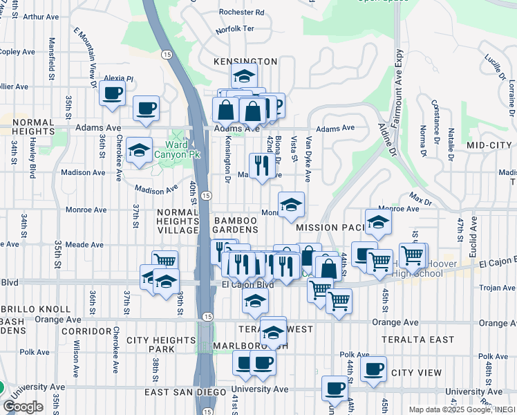map of restaurants, bars, coffee shops, grocery stores, and more near 4174 Monroe Avenue in San Diego