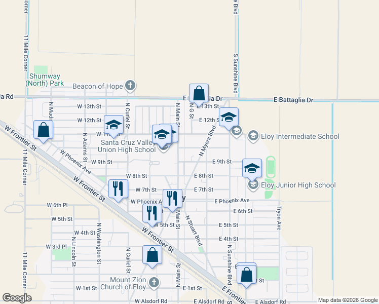 map of restaurants, bars, coffee shops, grocery stores, and more near 114 East 9th Street in Eloy