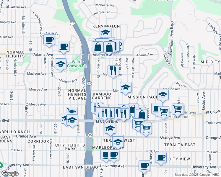 map of restaurants, bars, coffee shops, grocery stores, and more near 4477 42nd Street in San Diego