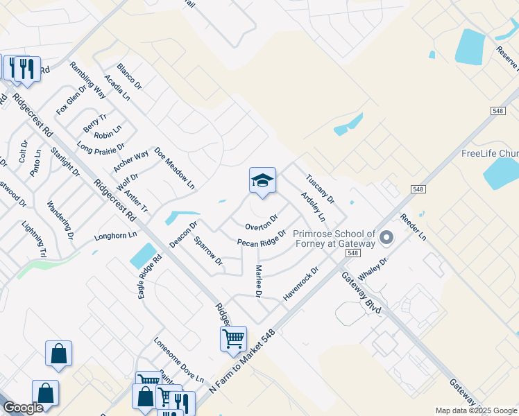 map of restaurants, bars, coffee shops, grocery stores, and more near 495 Diamond Creek Drive in Forney