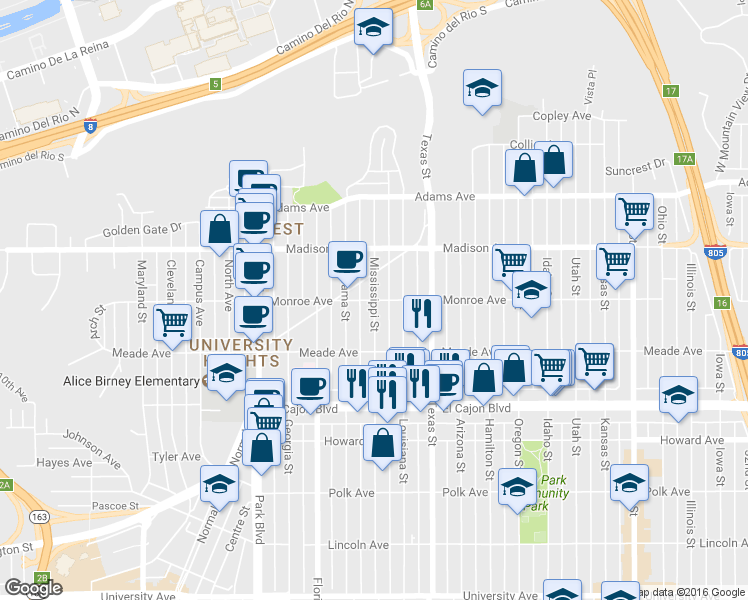 map of restaurants, bars, coffee shops, grocery stores, and more near Monroe Avenue & Mississippi Street in San Diego