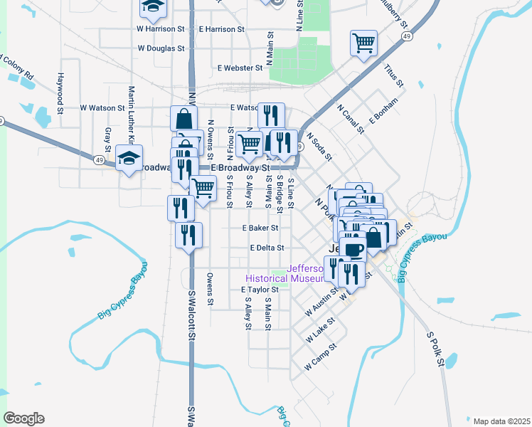 map of restaurants, bars, coffee shops, grocery stores, and more near 503 East Baker Street in Jefferson