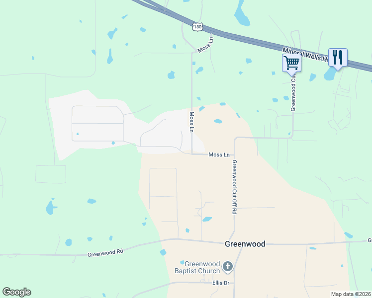 map of restaurants, bars, coffee shops, grocery stores, and more near 103 Overton Ridge Circle in Weatherford