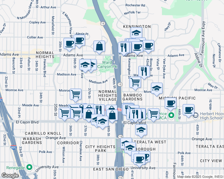 map of restaurants, bars, coffee shops, grocery stores, and more near 4502 40th Street in San Diego