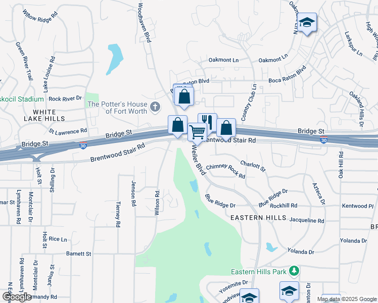 map of restaurants, bars, coffee shops, grocery stores, and more near 1404 Weiler Boulevard in Fort Worth