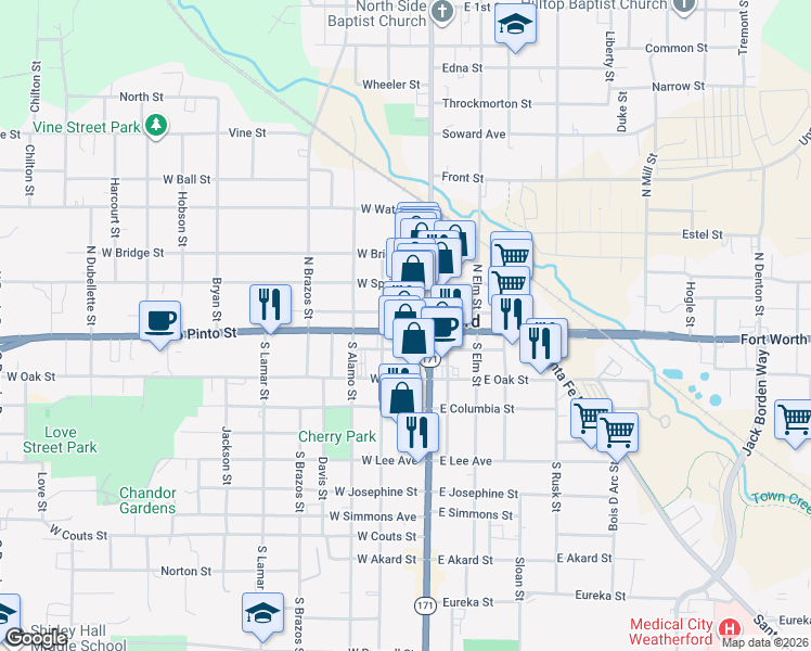map of restaurants, bars, coffee shops, grocery stores, and more near 111 Palo Pinto Street in Weatherford