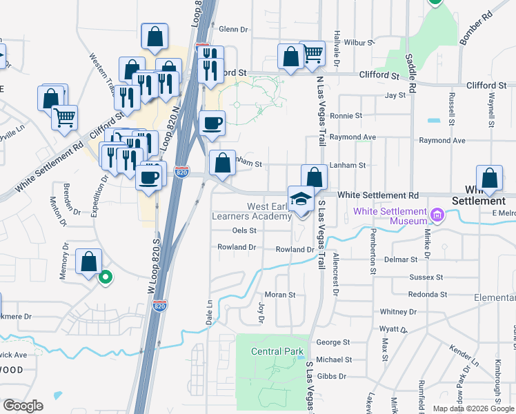 map of restaurants, bars, coffee shops, grocery stores, and more near 9105 Farmers Road in White Settlement
