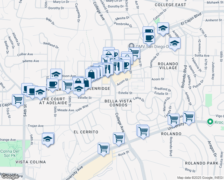map of restaurants, bars, coffee shops, grocery stores, and more near 4527 College Way in San Diego