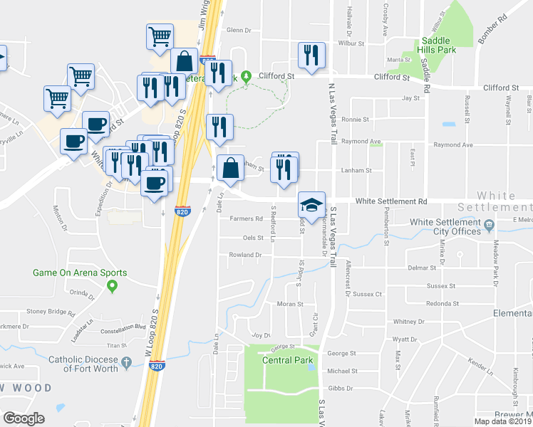 map of restaurants, bars, coffee shops, grocery stores, and more near 9104 Farmers Road in Fort Worth