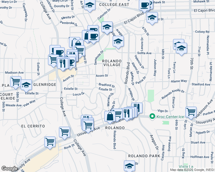 map of restaurants, bars, coffee shops, grocery stores, and more near 6509 Bradford Street in San Diego