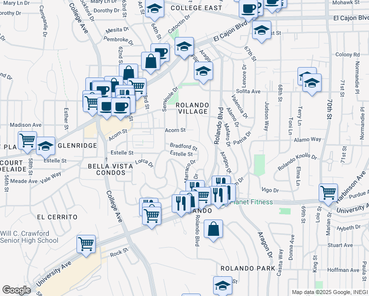 map of restaurants, bars, coffee shops, grocery stores, and more near 6509 Bradford Street in San Diego