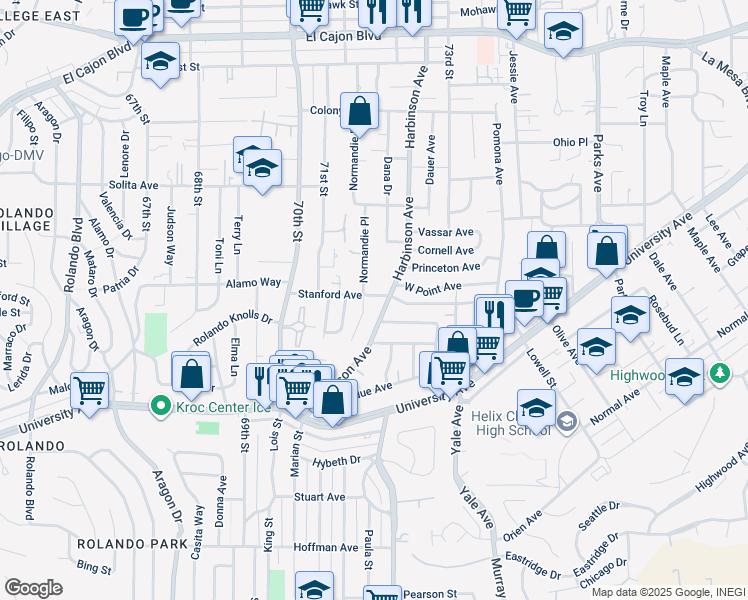 map of restaurants, bars, coffee shops, grocery stores, and more near 7175 Stanford Avenue in La Mesa