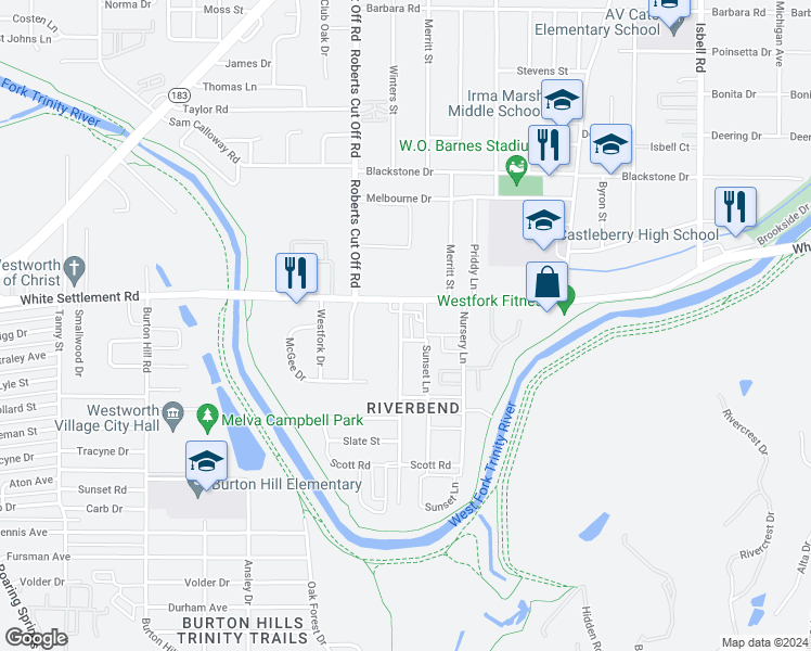 map of restaurants, bars, coffee shops, grocery stores, and more near 121 Athenia Drive in Fort Worth