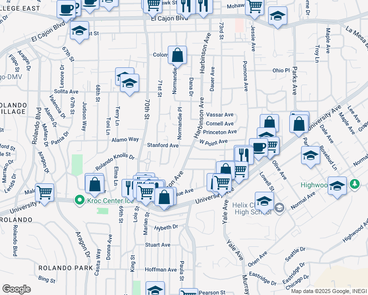 map of restaurants, bars, coffee shops, grocery stores, and more near 7175 Stanford Avenue in La Mesa