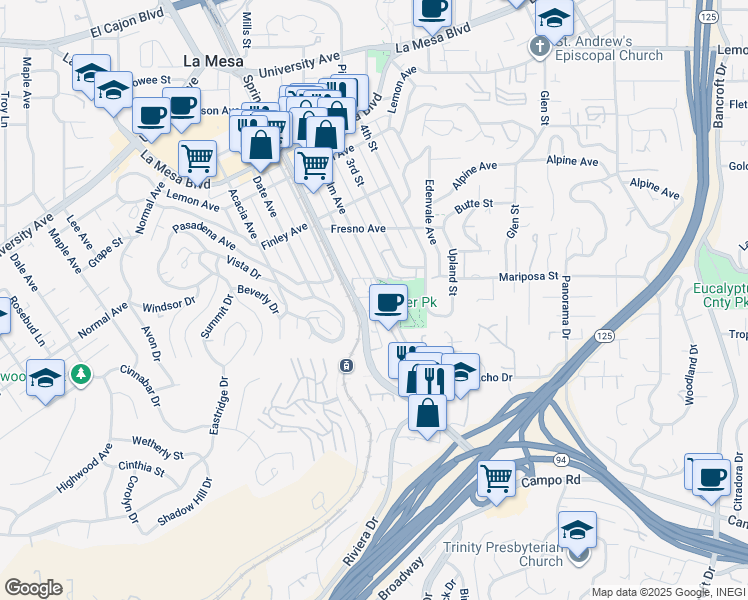 map of restaurants, bars, coffee shops, grocery stores, and more near 4343 Spring Street in La Mesa