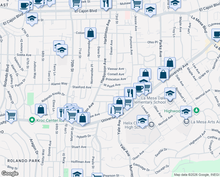 map of restaurants, bars, coffee shops, grocery stores, and more near 7236 Berkeley Drive in La Mesa