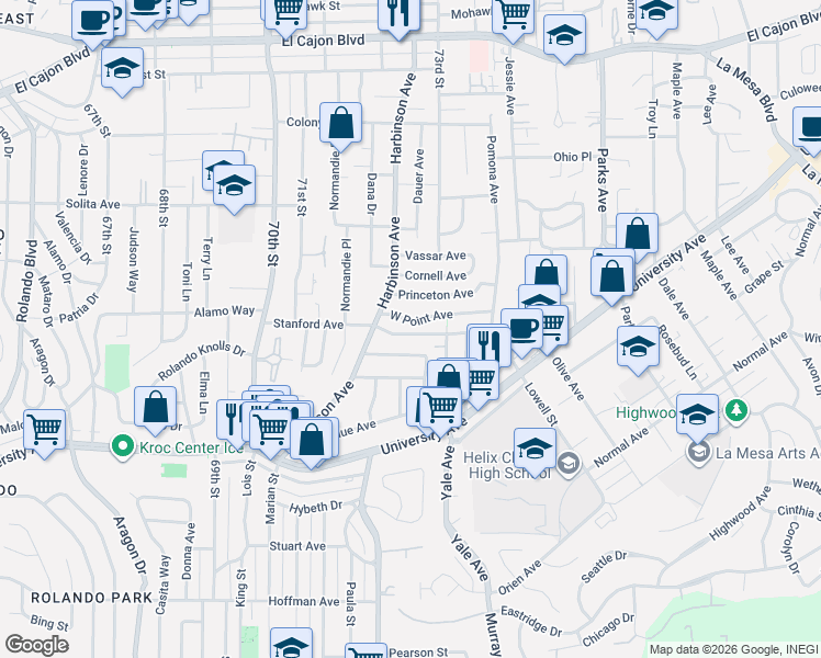map of restaurants, bars, coffee shops, grocery stores, and more near 7236 Berkeley Drive in La Mesa