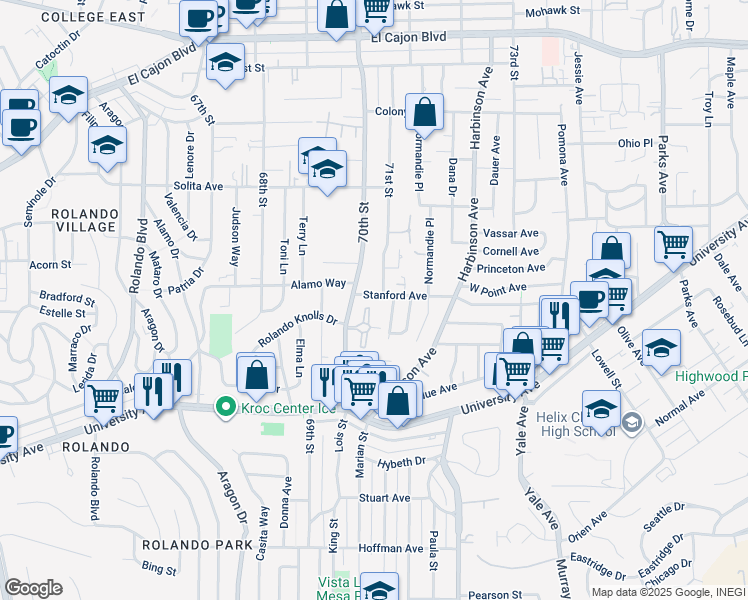 map of restaurants, bars, coffee shops, grocery stores, and more near 4395 70th Street in La Mesa