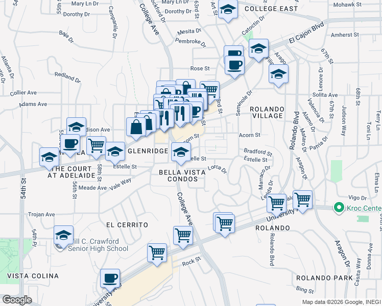 map of restaurants, bars, coffee shops, grocery stores, and more near 6201 Estelle Street in San Diego