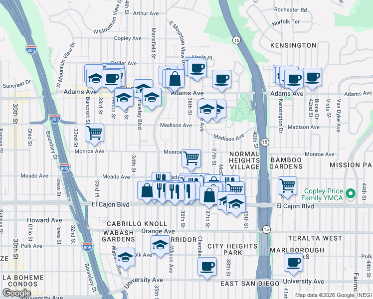 map of restaurants, bars, coffee shops, grocery stores, and more near 4468 36th Street in San Diego