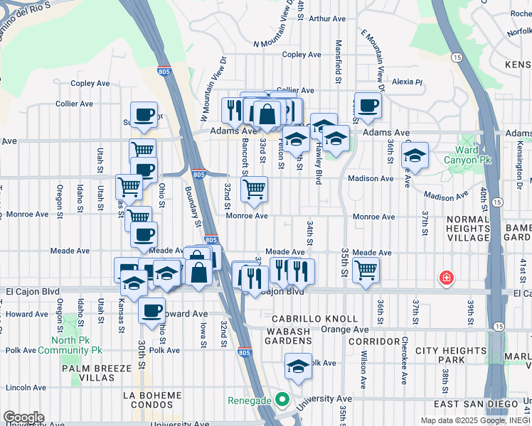 map of restaurants, bars, coffee shops, grocery stores, and more near 4465 33rd Place in San Diego