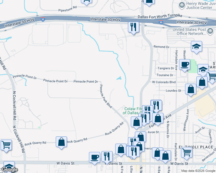 map of restaurants, bars, coffee shops, grocery stores, and more near 3757 Falls Bluff Drive in Dallas