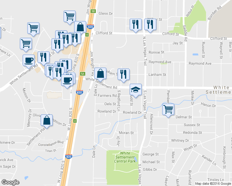 map of restaurants, bars, coffee shops, grocery stores, and more near 9105 Farmers Road in White Settlement