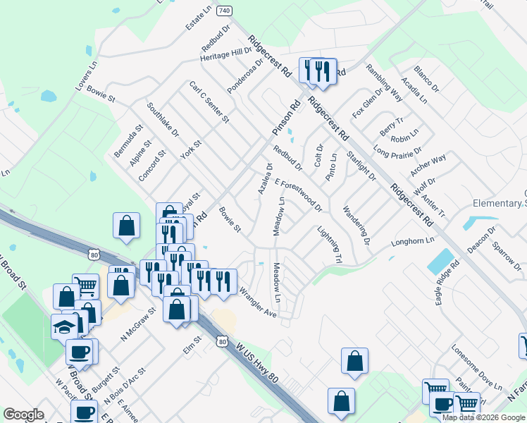 map of restaurants, bars, coffee shops, grocery stores, and more near 507 Azalea Drive in Forney