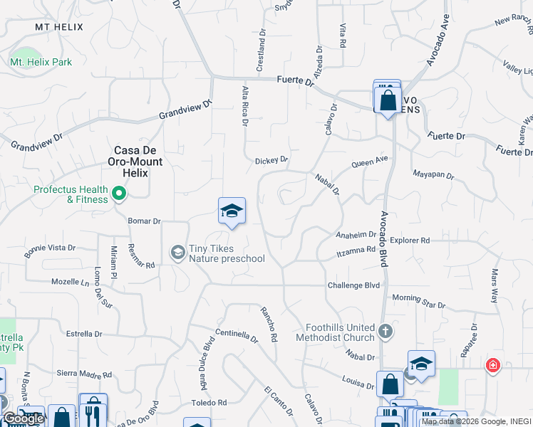map of restaurants, bars, coffee shops, grocery stores, and more near 10502 Queen Avenue in La Mesa